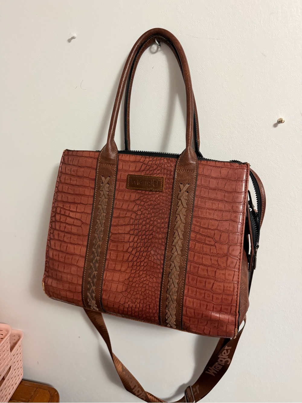 Wrangler Croc-Embossed Shoulder Bag in Rust Brown